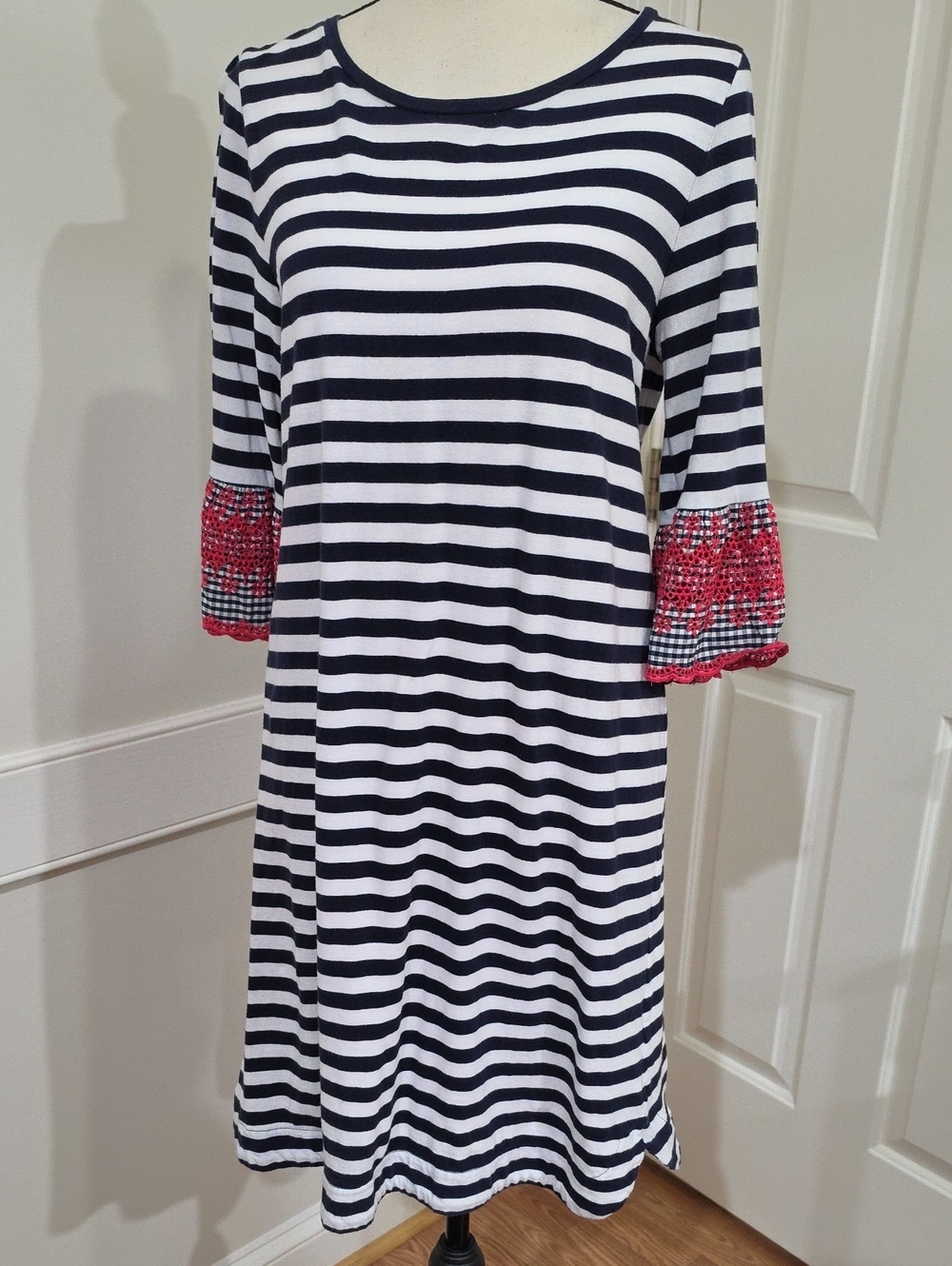 Crown & Ivy Nautical Striped Shift Dress with Embroidered Bell Sleeves - Size S